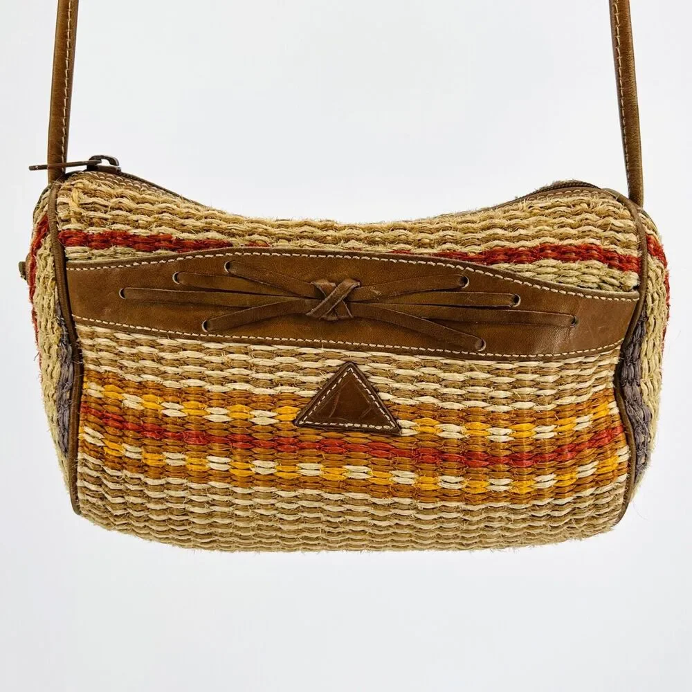 Vintage 80s Multicolor Woven Straw Genuine Leather Bow Crossbody Bag
